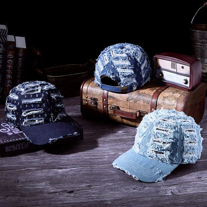 Distressed Denim Baseball Cap Vintage Ripped Style