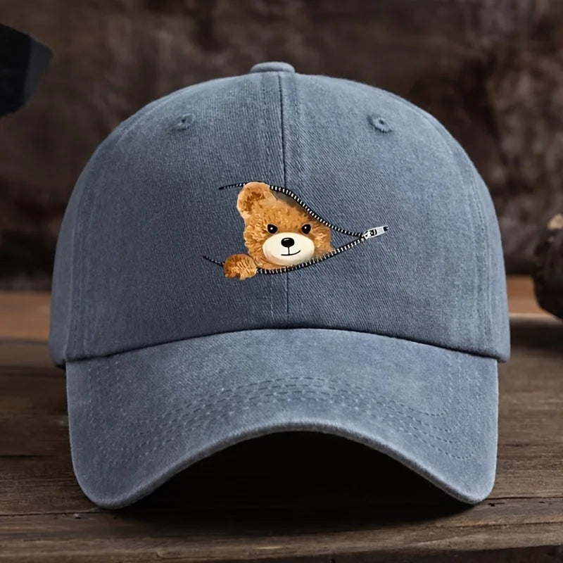 Zippered Bear Print Baseball Cap