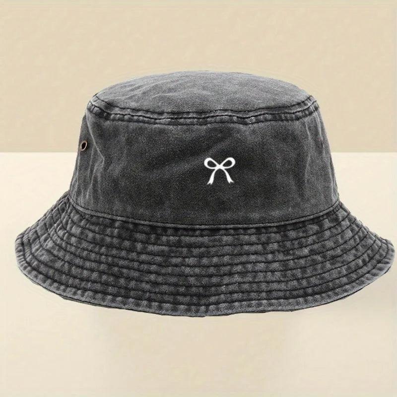 Stylish Black Bucket Hat With White Bow Print
