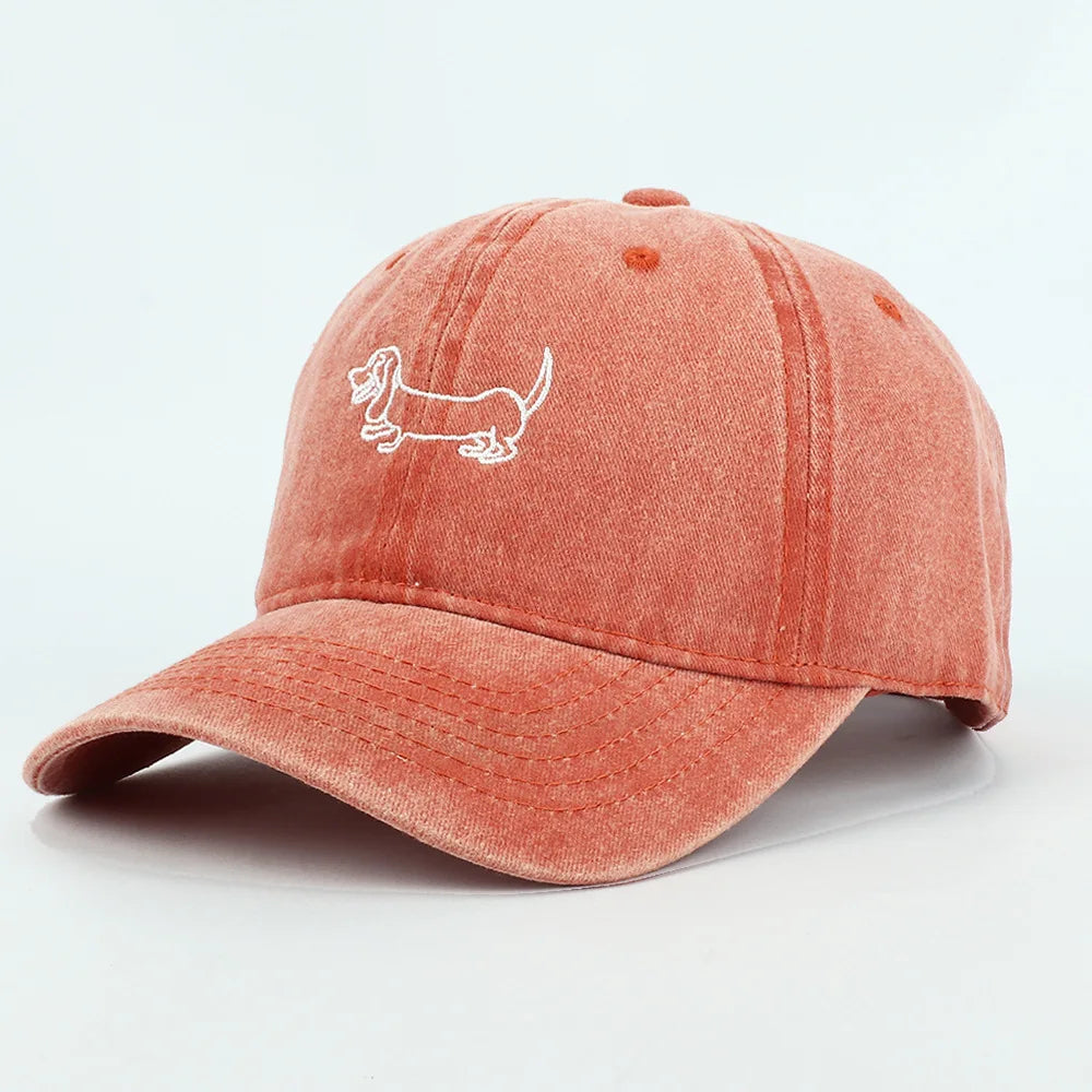 Dog Patterned Embroidered Baseball Cap Men Women Vintage Washed Cotton
