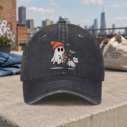 Retro Casual Halloween Ghost Dog Washed Baseball Cap