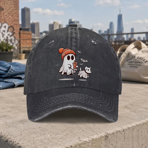 Retro Casual Halloween Ghost Dog Washed Baseball Cap