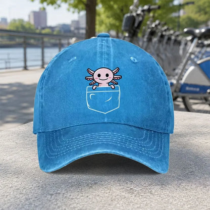 Unisex Pocket Axolotl Print Washed Baseball Cap