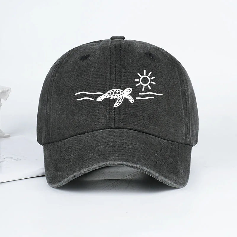 Vintage Washed Baseball Cap With Turtle