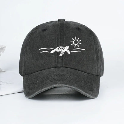 Vintage Washed Baseball Cap With Turtle