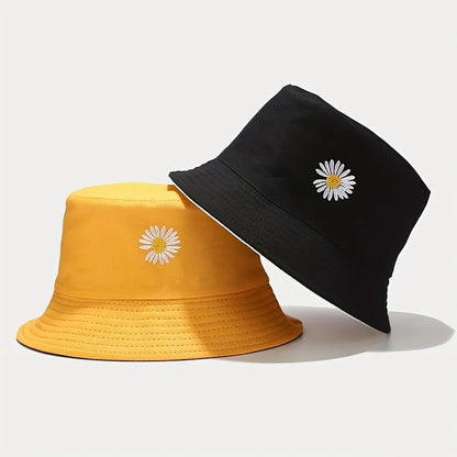 Unisex Daisy Print Bucket Hat - Black/Yellow Reversible Sun Hat