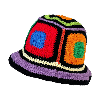 Purple-Edged Zuma Hat, Hand-Knitted Colorful Patchwork Crochet Bucket Hat
