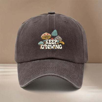 Baseball Cap With "KEEP GROWING" Text And Mushroom Pattern