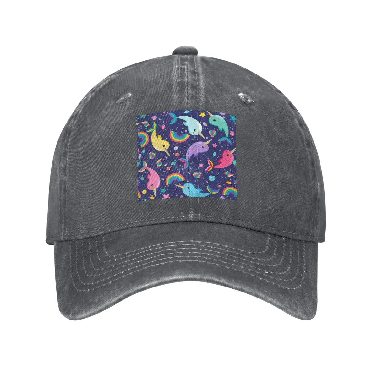 Rainbow Narwhals Under the Sea Blue Washed Denim Cap Casual Baseball Caps
