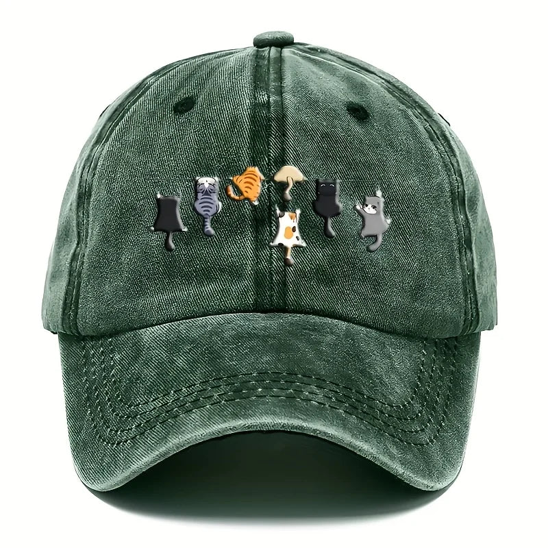 Trendy Cute Cat Print Washed Vintage Soft Top Sunshade Baseball Cap