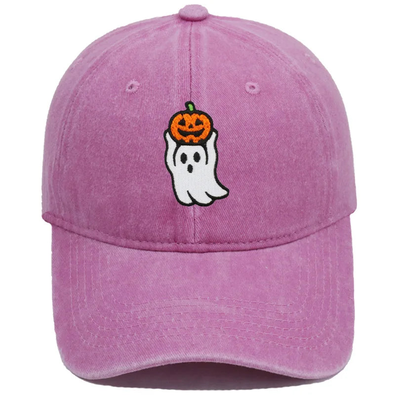 Vintage Washed Cute Ghost Holding Pumpkin Embroidery Baseball Cap