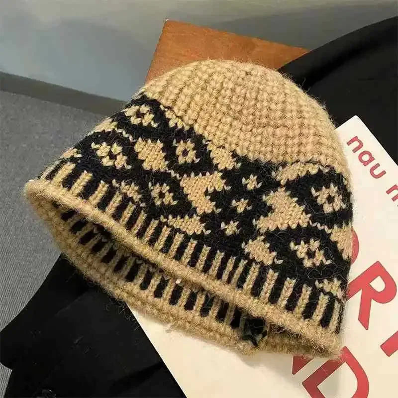 Winter Warm Knitted Hat for Women Retro Embroidered Wool Blend Bucket Hats