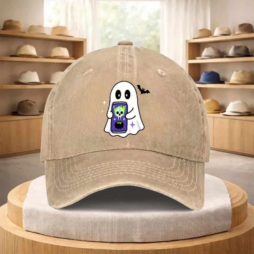Ghost Holding Phone Print Washed Denim Baseball Cap
