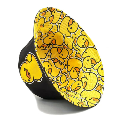 Double-sided Yellow Duck Print Pattern Panama Summer Sunscreen Fisherman Cap Bucket Hat