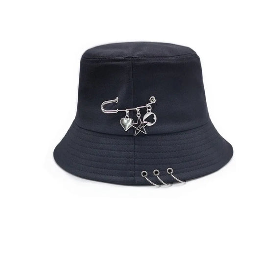 Bucket Hat Women Men Unisex Folding Fisherman Hat Black Metal Ring Flat Top Hip Hop Hats