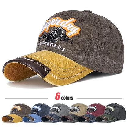 New Unisex Washed Cotton Embroidered Eagle Baseball Cap American Retro Contrast
