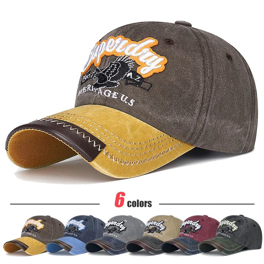 New Unisex Washed Cotton Embroidered Eagle Baseball Cap American Retro Contrast