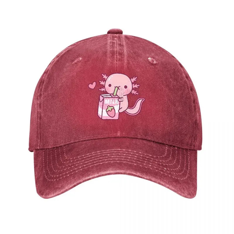 Cute Axolotl Drinking Milk Washed Denim Baseball Cap