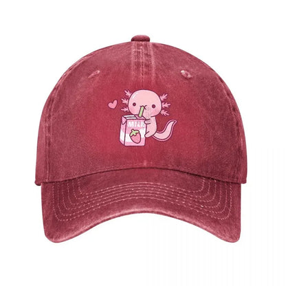 Cute Axolotl Drinking Milk Washed Denim Baseball Cap