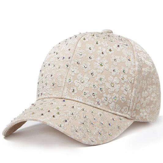 CNTANG Summer Women Rhinestone Baseball Cap Flower Embroidery Hats