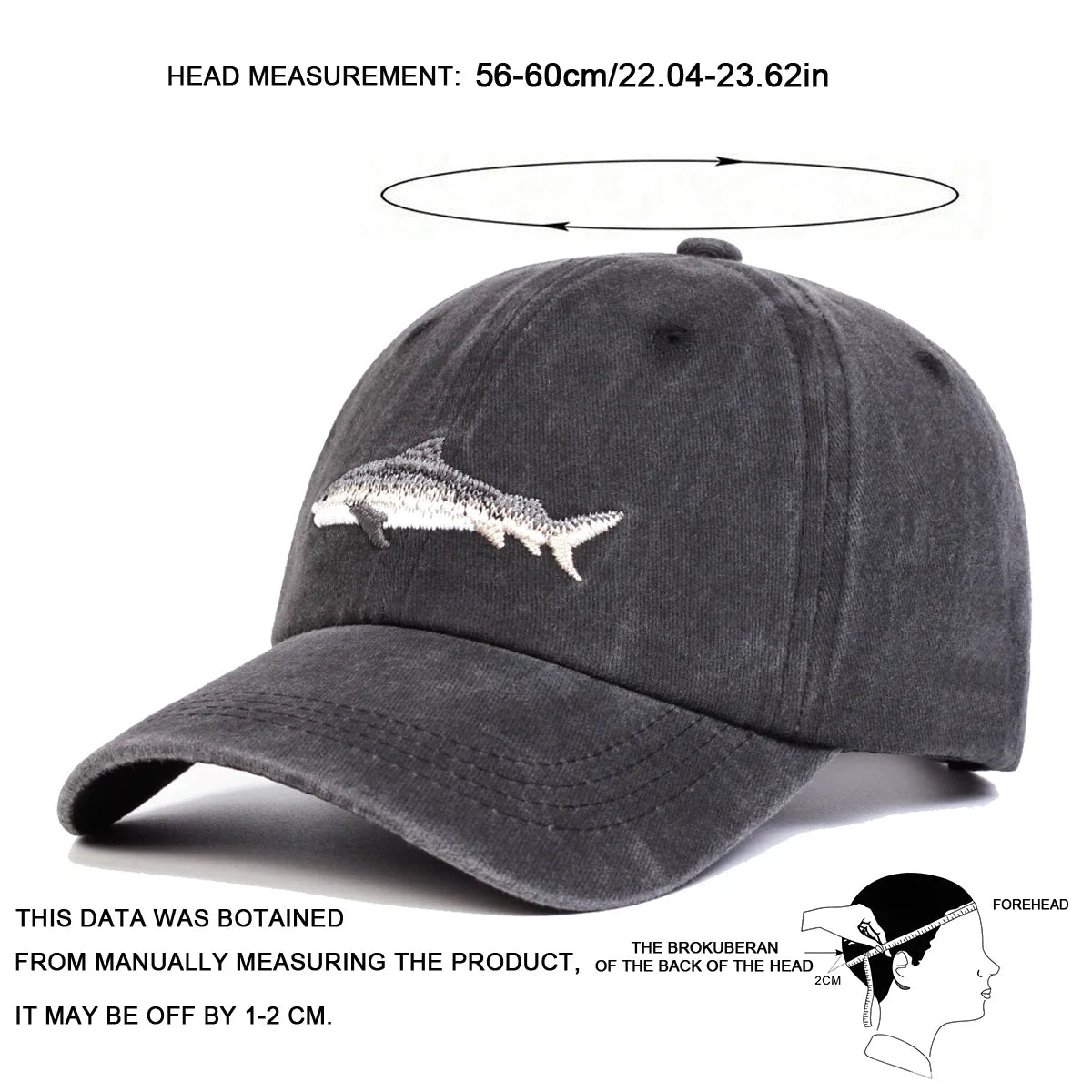 Unisex Shark Embroidery Wash Baseball Caps
