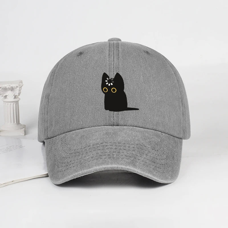 Cute Black Cat Print Washed Baseball Cap