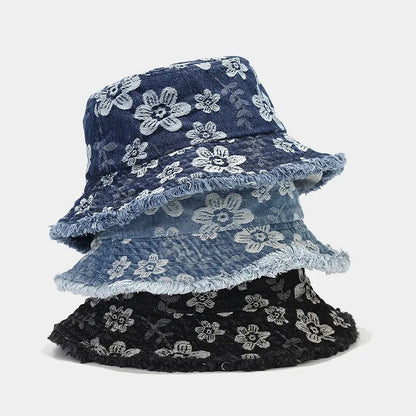 Four Seasons Denim Cartoon Flower Embroidery Bucket Hat