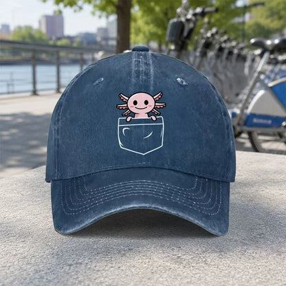 Unisex Pocket Axolotl Print Washed Baseball Cap