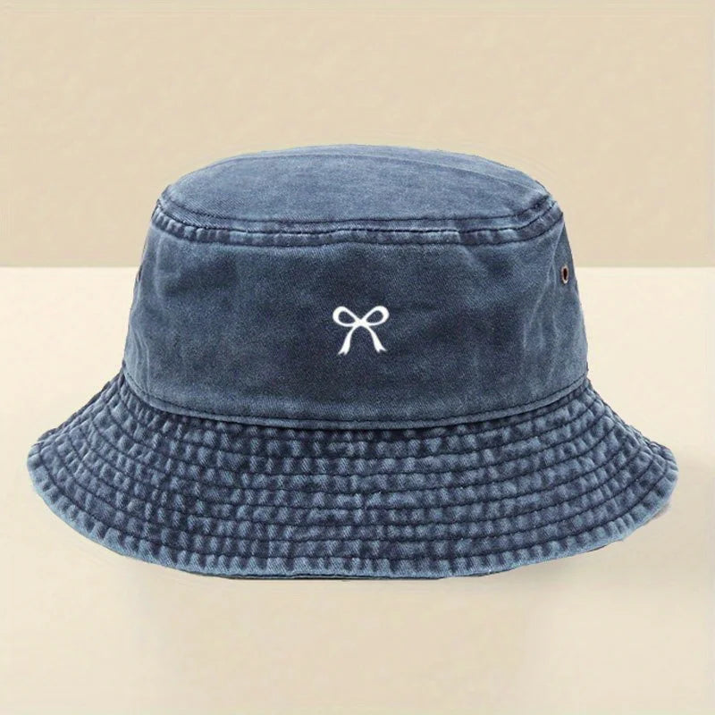Stylish Black Bucket Hat With White Bow Print