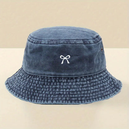 Stylish Black Bucket Hat With White Bow Print