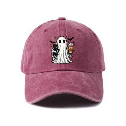 Vintage Washed Ghost Black Cat Coffee Graphic Baseball Cap
