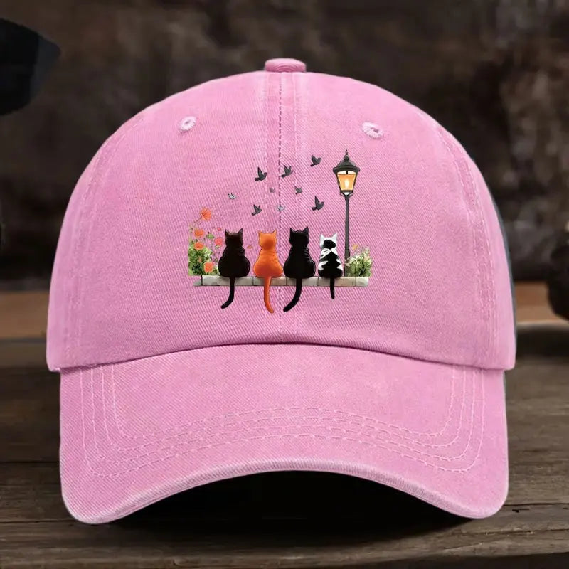 Washed Baseball Cap With Lantern Cats Cartoon Pattern Print