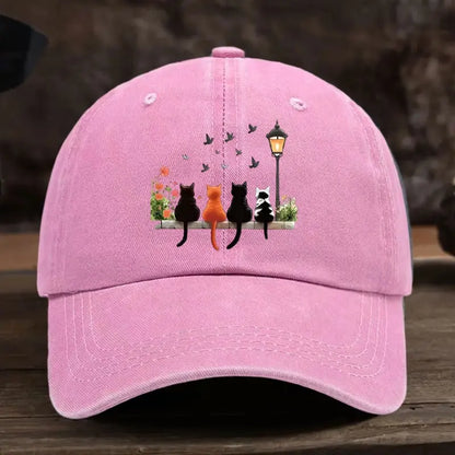 Washed Baseball Cap With Lantern Cats Cartoon Pattern Print