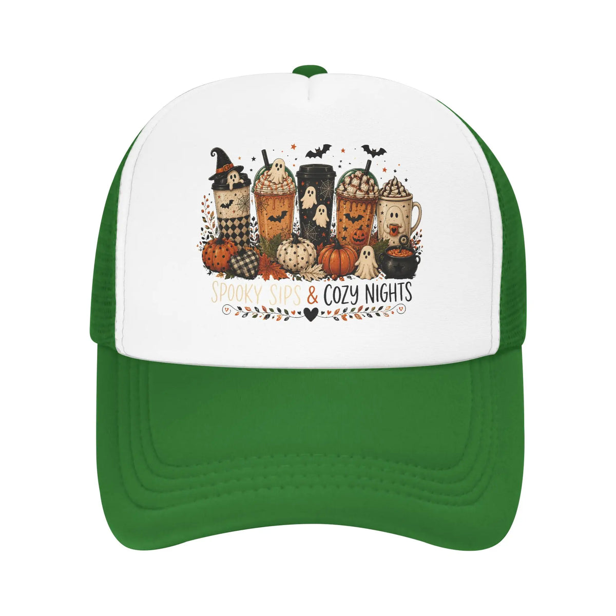 Unisex Coffee Ghost Spooky Fall Trucker Hats Mesh Baseball Cap