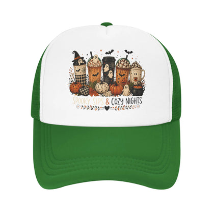 Unisex Coffee Ghost Spooky Fall Trucker Hats Mesh Baseball Cap