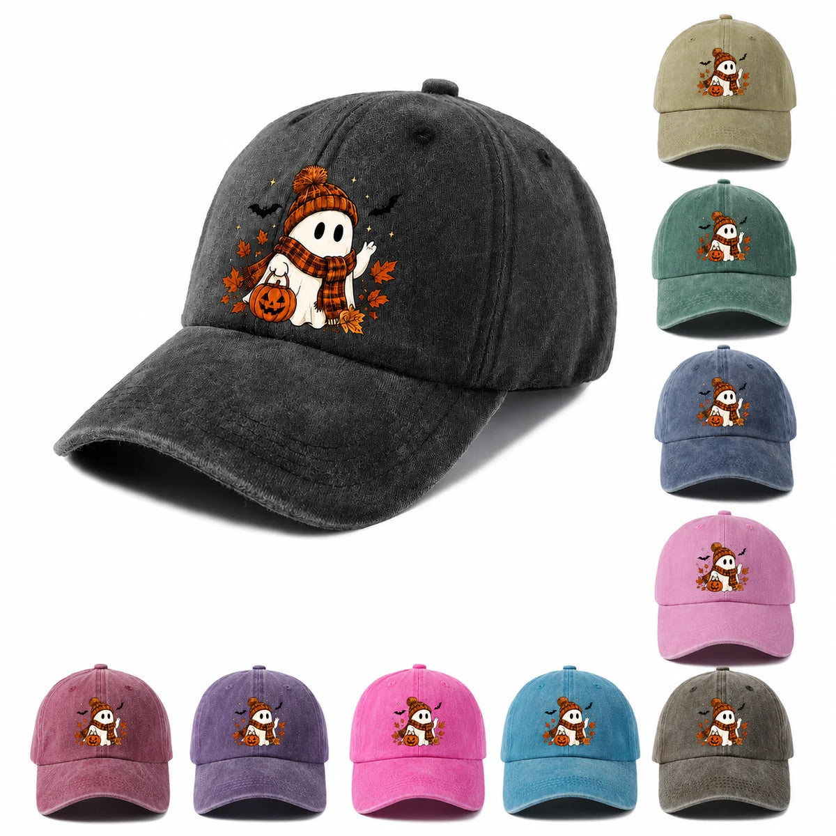 Scarf Ghost And Pumpkin Graphic Baseball Cap