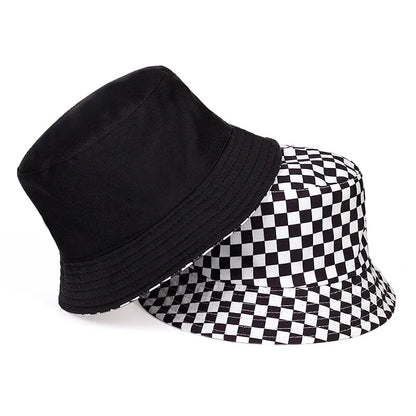 Unisex Black White Checkered Printing Personality Bucket Hats