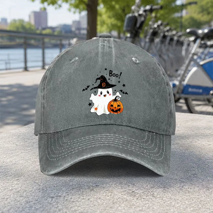 Lovely Boo Ghost Witch Pumpkin Bat Print Washed Baseball Cap
