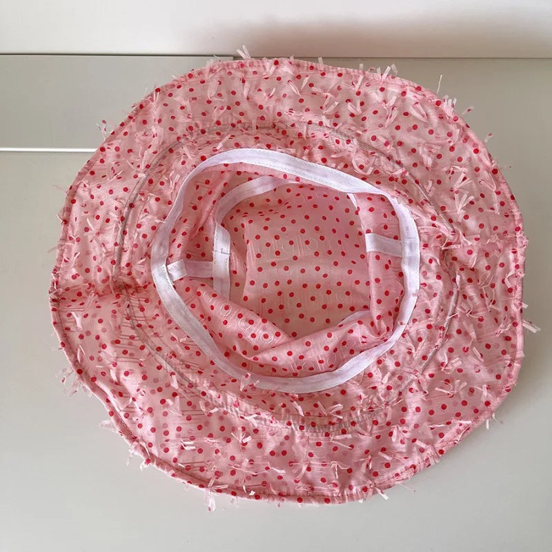 Niche Pink Polka Dot Mesh Bucket Hat