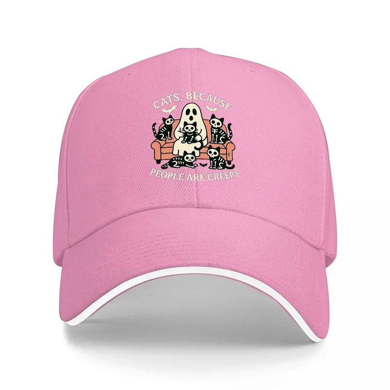CATS BECAUSE PEOPLE ARE CREEPY BASEBALL CAP WITH GHOST AND SKULL