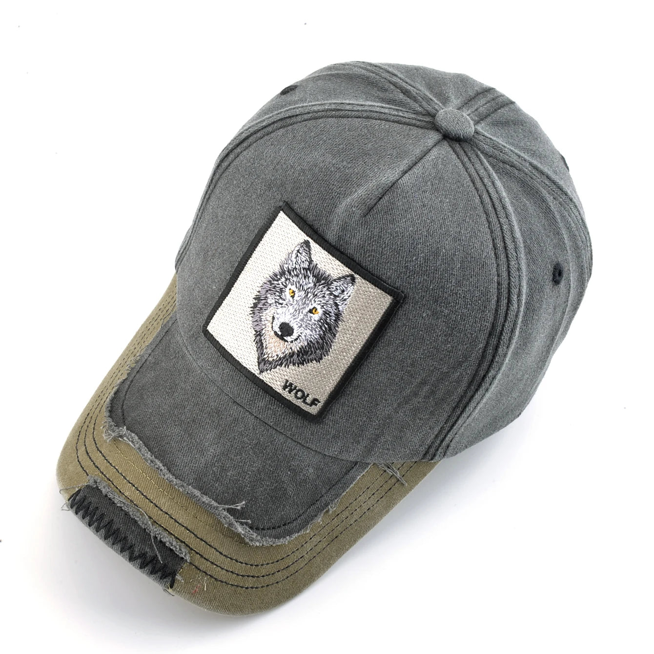 Vintage Denim Baseball Cap With Embroidery Wolf Patch Men Women