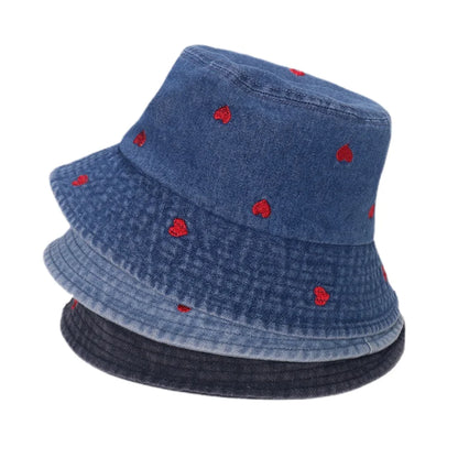 Spring Summer Strawberry Embroidery Denim Jeans Bucket Hat For Men Women