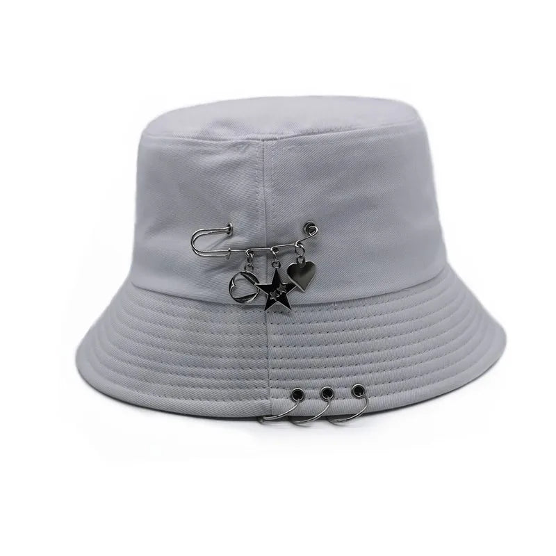 Bucket Hat Women Men Unisex Folding Fisherman Hat Black Metal Ring Flat Top Hip Hop Hats