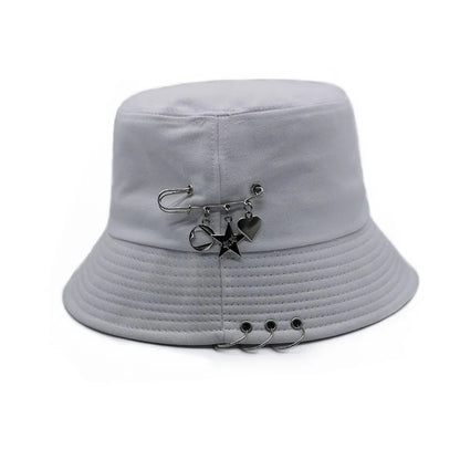 Bucket Hat Women Men Unisex Folding Fisherman Hat Black Metal Ring Flat Top Hip Hop Hats