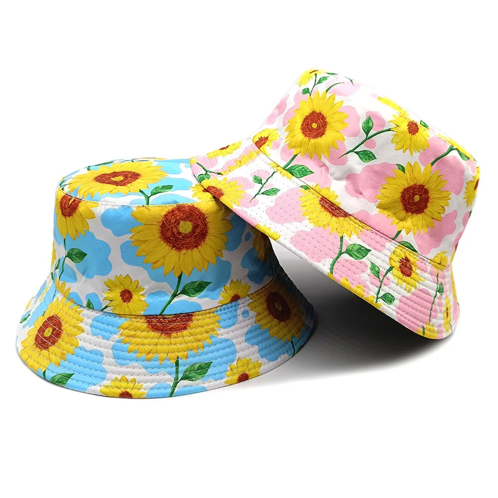Women's Reversible Cow Print Sunflower Flower Print Bucket Hat