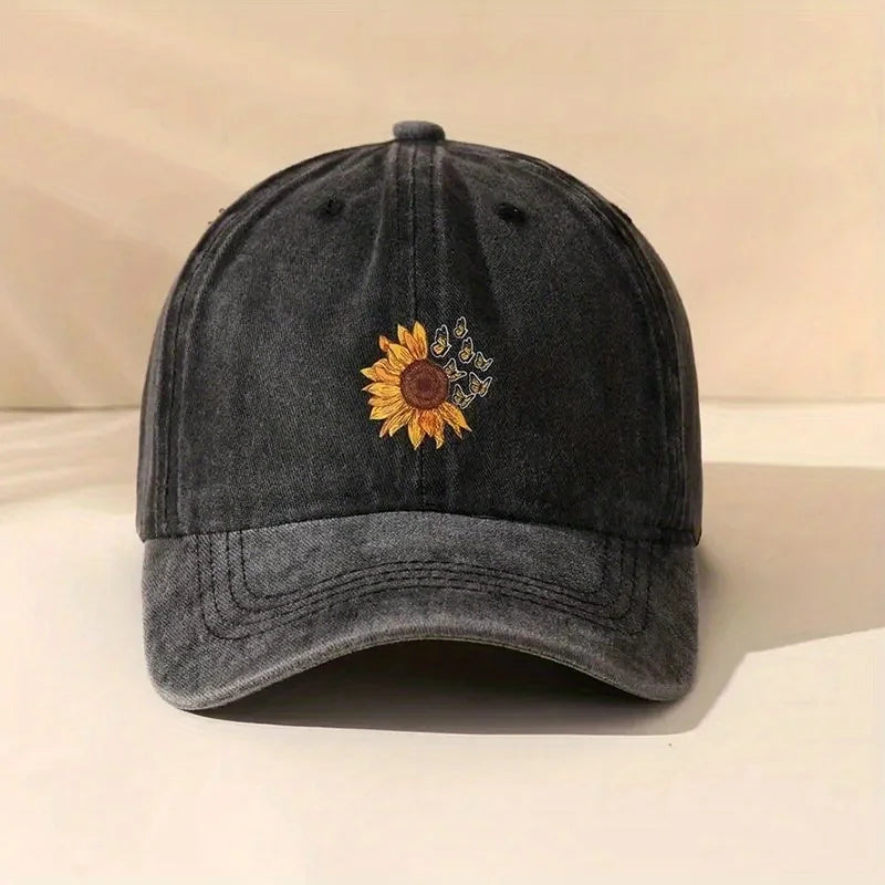 Sunflower Printed Baseball Cap With Retro Washed Soft Top Cap