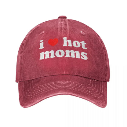 I Love Hot Moms Red Heart Baseball Caps