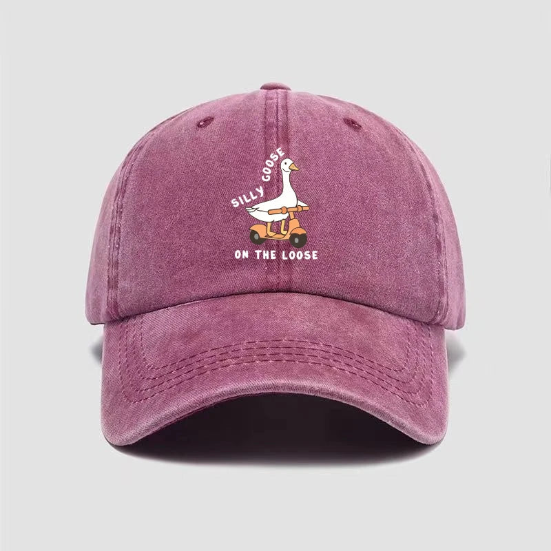 Skateboarding Duck Print Washed Baseball Cap
