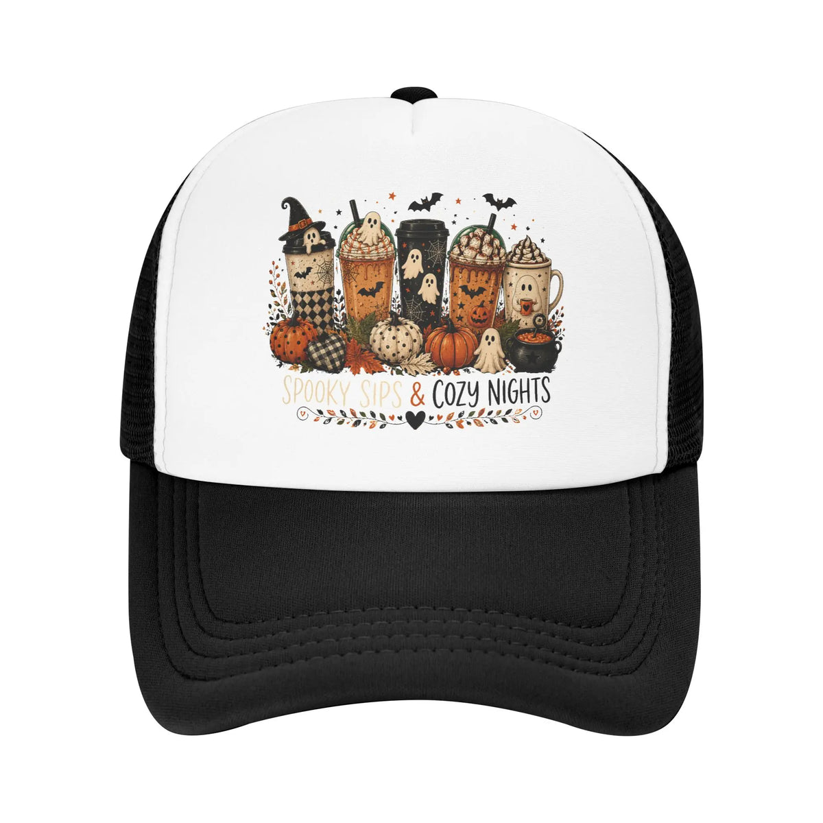 Unisex Coffee Ghost Spooky Fall Trucker Hats Mesh Baseball Cap