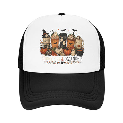 Unisex Coffee Ghost Spooky Fall Trucker Hats Mesh Baseball Cap